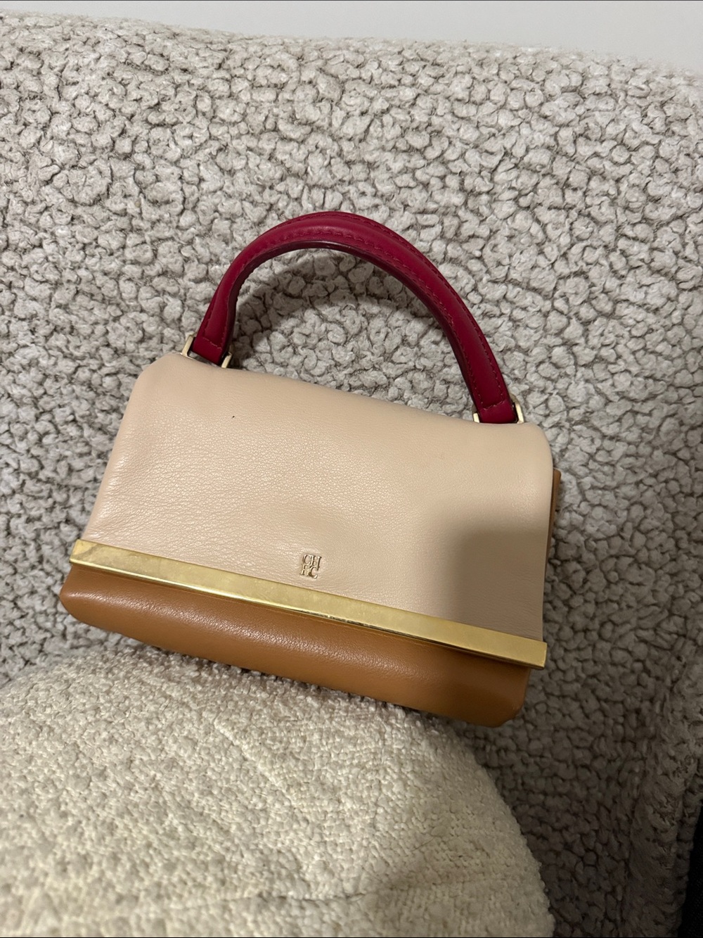 Carolina Herrera Tricolor Mini Top-Handle Bag in Beige, Cognac & Berry